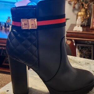 Seven Dials Black Quilted Heeled Boots with Red and Gold Detail